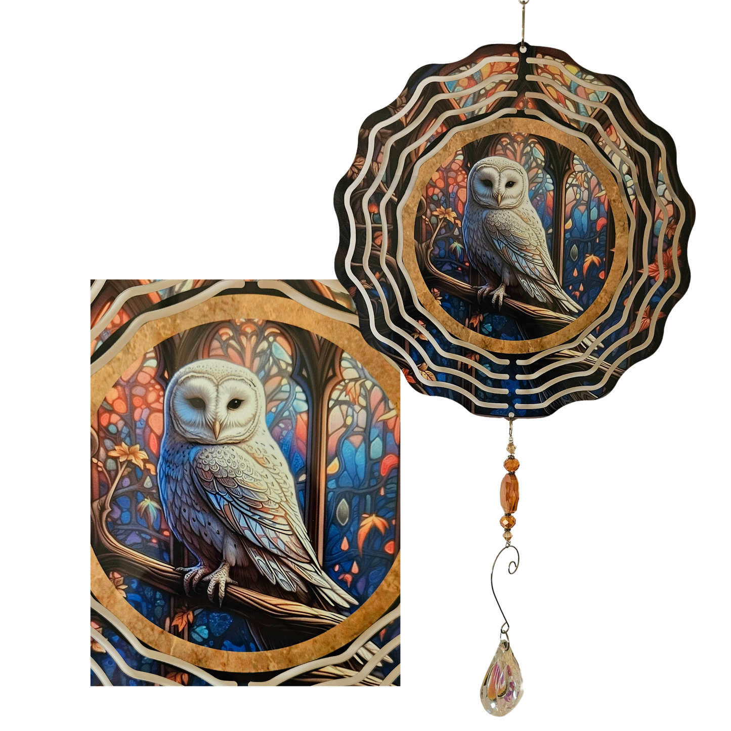 Wind Spinner - White Owl - Gold Trim with Stainglass Background