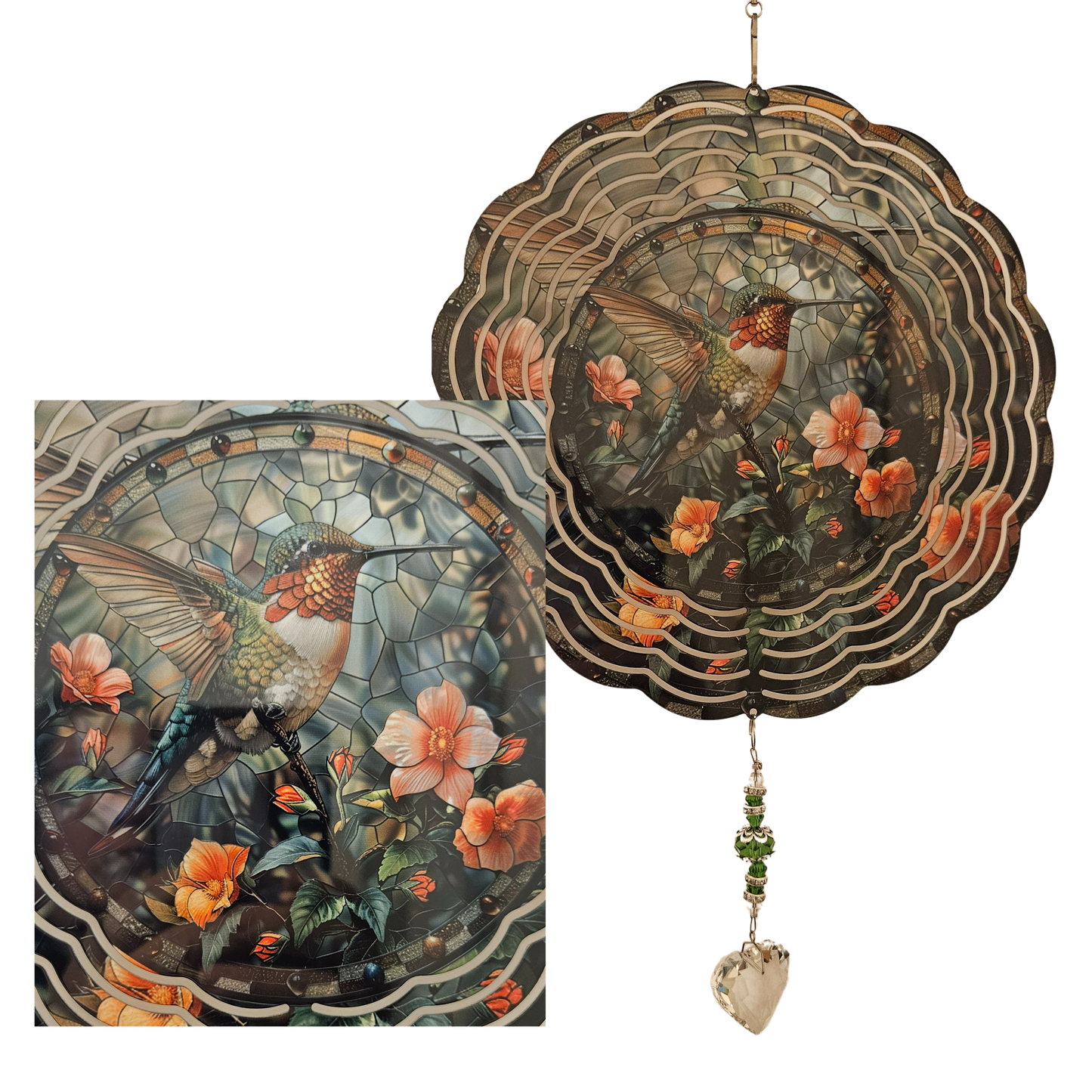 Wind Spinner - Hummingbird - Pink Flowers - Stainglass - Gems