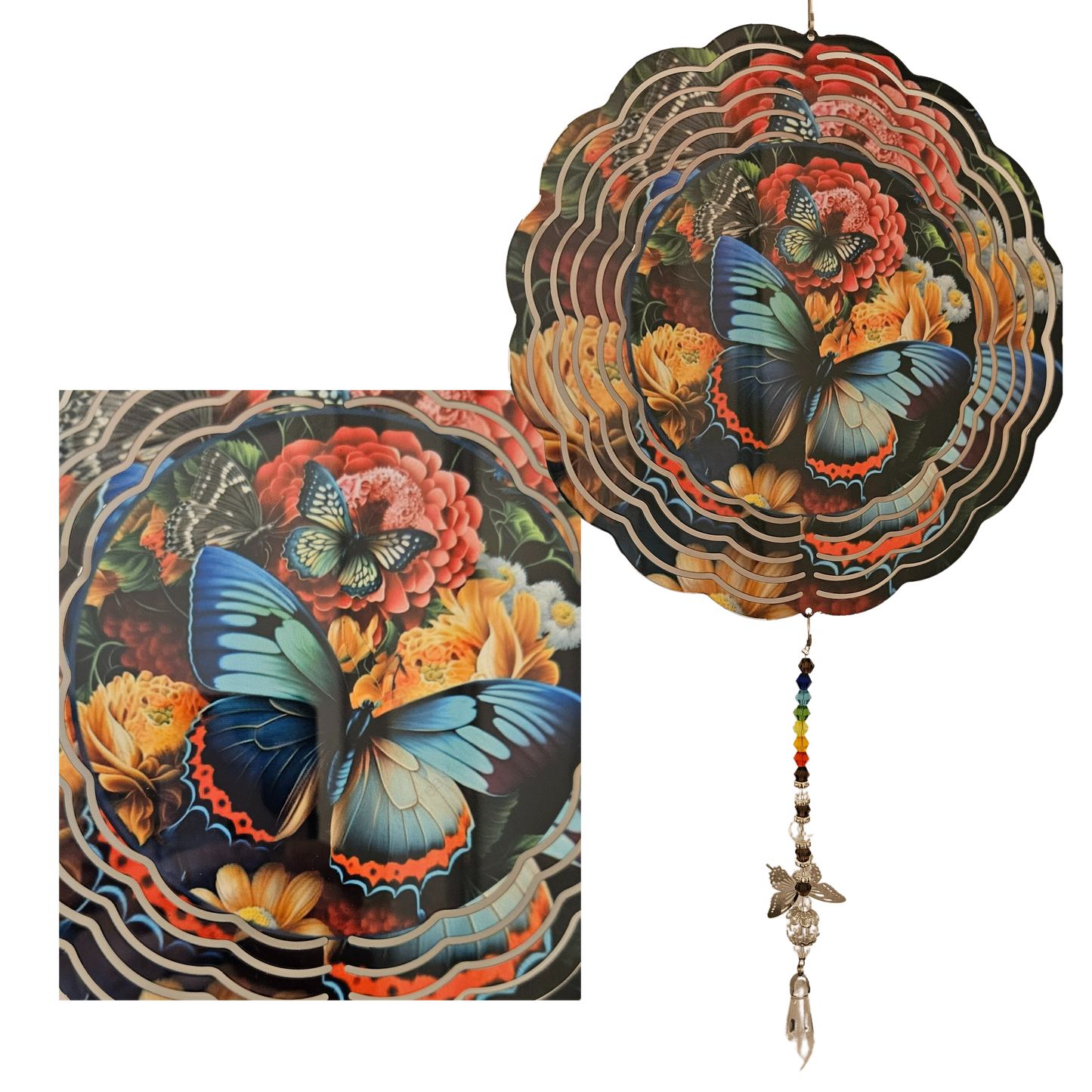 Wind Spinner - Butterfly - Blue - Pink Flowers