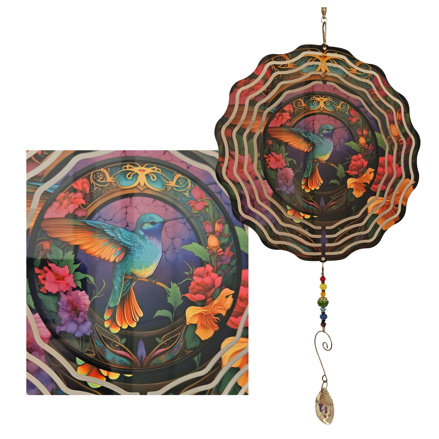 Wind Spinner - Hummingbird - Fuschia Flowers