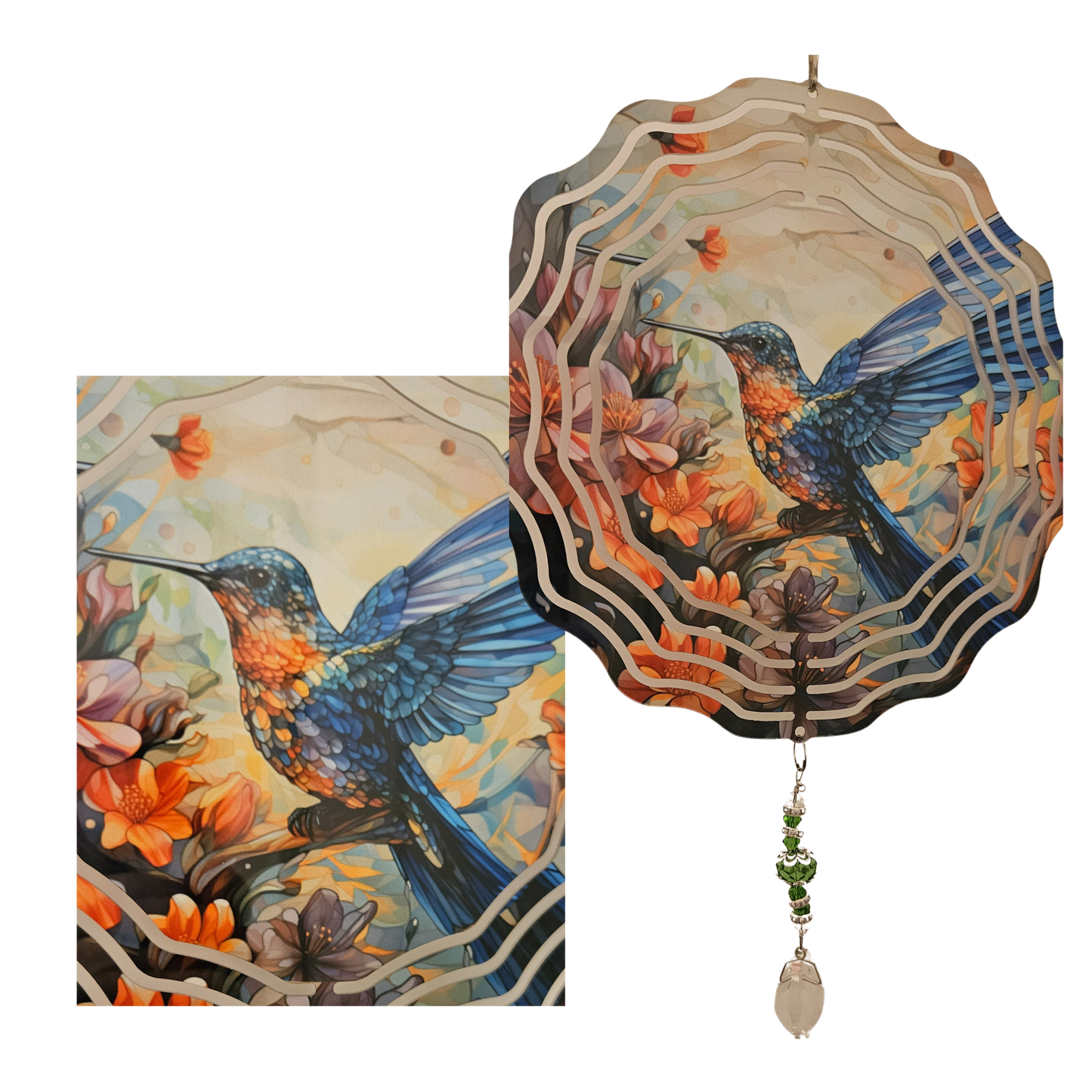 Wind Spinner - Hummingbird - Blue - Orange Flowers