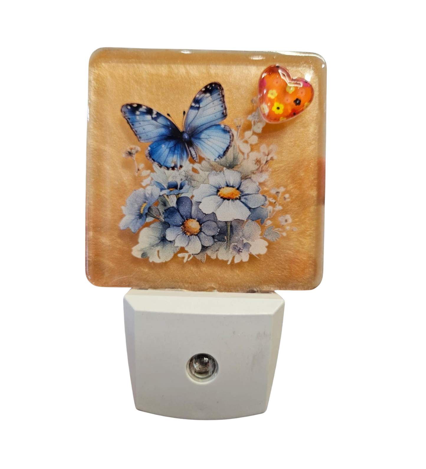 Blue Butterfly/Flowers/Orange Heart/Orange Glitter