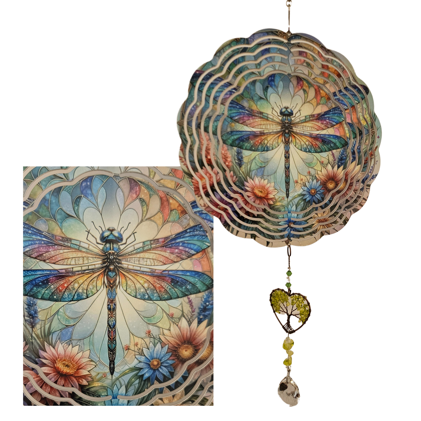 Wind Spinner - Dragonfly - Pink Blue Flowers - Stainglass