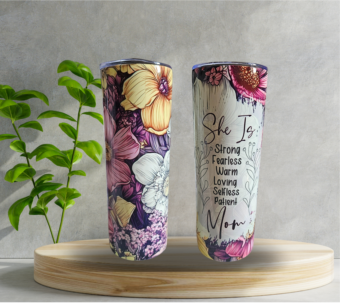 20 oz Water Tumbler - She is Mom - Pink Flowers