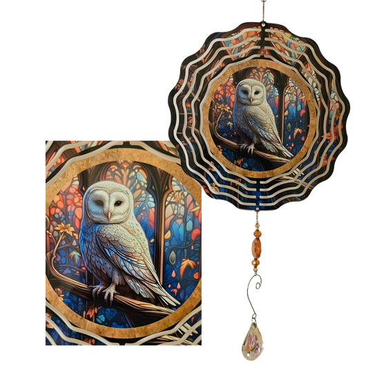 Wind Spinner - White Owl - Gold Trim with Stainglass Background