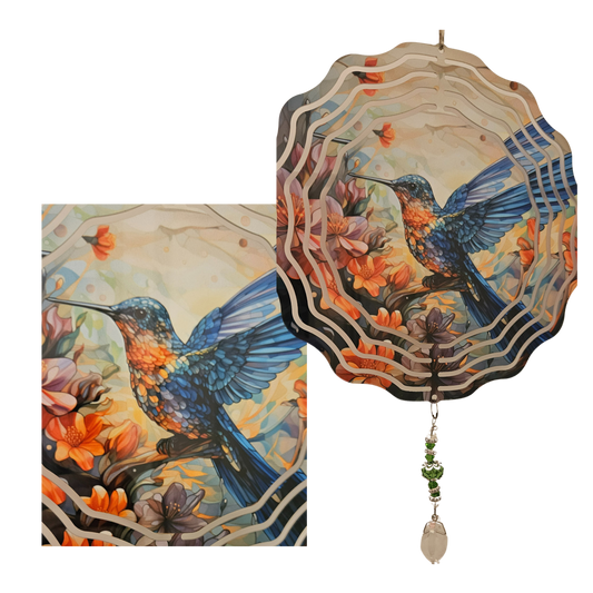 Wind Spinner - Hummingbird - Blue - Orange Flowers