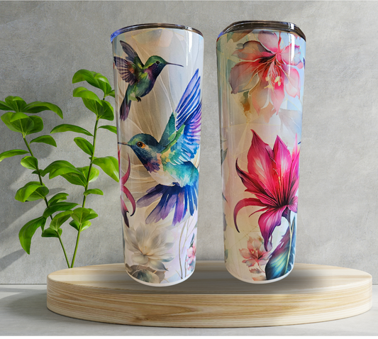 20 oz Water Tumbler -Hummingbirds Flowers - Ink