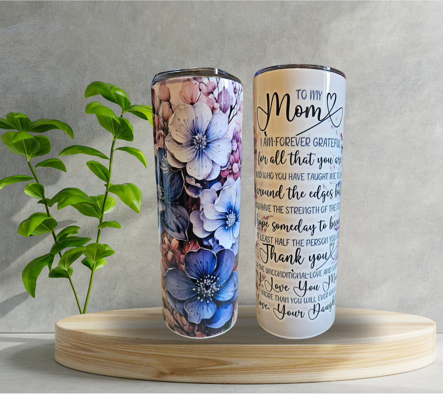 20 oz Water Tumbler - She is Mom - Purple Flowers